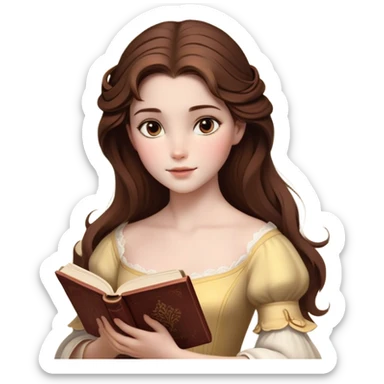 Cinematic Realistic Belle Portrait, depicted with lifelike skin texture, soft natural lighting, and intricately detailed brown hair styled elegantly. Her deep, expressive eyes exude warmth and intelligence, complemented by a serene and graceful expression. She gently holds a book in one hand, her other hand resting at her side, radiating an aura of beauty and intellect. She is dressed in her classic yellow ball gown, the fabric rich in texture with delicate folds that catch the light beautifully. The portrait features a soft, enchanting glow with a natural, radiant finish, capturing the essence of timeless beauty in a realistic and painterly style, evoking a sense of depth and authenticity. sticker