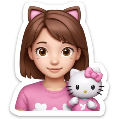 Happy Young gamer Girl with pink hello kitty shirt brown hair and brown eyes sticker
