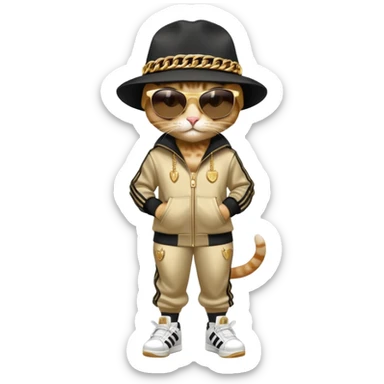 female cat dressed like Run DMC with tracksuit, fedora, Adidas shoes, dark sunglasses, lots of gold chains, upright sticker