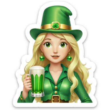Blonde haired pretty woman with freckles glittery green bell bottoms and tall leprechaun hat holding a green beer sticker