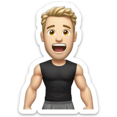 amazed Open with surprise mouth Pale skinned Fit Man With the biceps and dark brown hair in black shirt, gray sports shorts and white Sneakers sticker