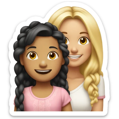 An emoji of a blonde mother with very long hair and a cheerful expression, standing next to her 3-year-old daughter, a small girl with black hair styled in two braids, both smiling happily together sticker