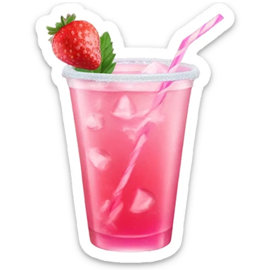 Pink drink with ice, straw, and strawberry on rim sticker
