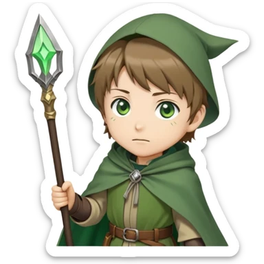 Rudeus Greyrat from Mushoku Tensei, green eyes, short light brown hair, wearing adventurer's outfit with a green cloak, holding a staff, confident and curious expression sticker