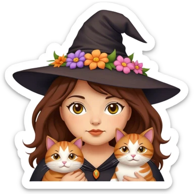 fat but cute witch with bold cat brown hair, also put flowers on her hat sticker