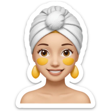 3D emoji style woman with towel head wrap, under-eye patches, smiling softly, clean girl skincare aesthetic, soft studio lighting, smooth skin texture, minimalist beige background, high resolution, PNG sticker