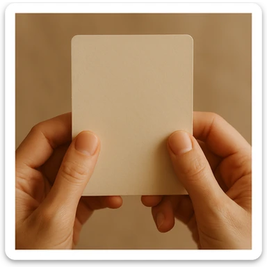hands delicately grasping a card, thumbs visible on the front, fingers supporting from behind, soft lighting sticker