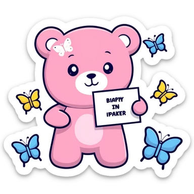 A pink teddy bear holding a sign that says ‘You are so loved’ surrounded by butterflies and sparkles. sticker