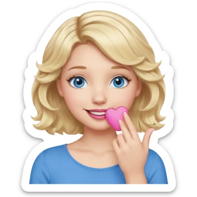 Girl Blonde short wavy hair,  blue eyes, cute blue top, long lashes, pink lips, smiling, hand covering the mouth sticker