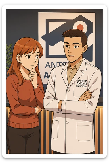 su questo stile fai un manga/webtoon a colori in cui una donna SI TOCCA IL MENTO CON L'INDICE MENTRE ASCOLTA PENSIEROSA L'UOMO, l'uomo della foto in stile manga LE SPIEGA CHE DEVE PROVARE LA SUA VALUTAZIONE MEDICA, mantieni un ambiente simile alla foto che ho allegato con il suo logo (sarebbe il suo studio, lui è un kinesiologo), scrivigli "ANTONIO ANANIA" sul camice bianco, non mettere fumetti, ma fai in modo che sembri che la donna ASCOLTI l'uomo sticker