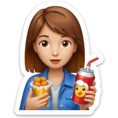 brown hair girl eating chicken nugget and holding a soda can sticker