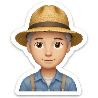 young guy with short gray hair, wearing a straw farmer hat sticker
