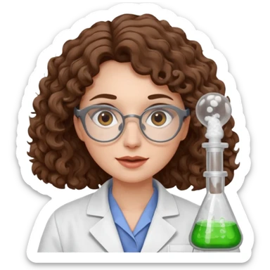 A crazy female scientist, with curly-wavy brown hair, brown eyes and grey glasses and oale skin  sticker