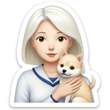 A white-haired woman holding a white Labrador and a white Shiba Inu sticker