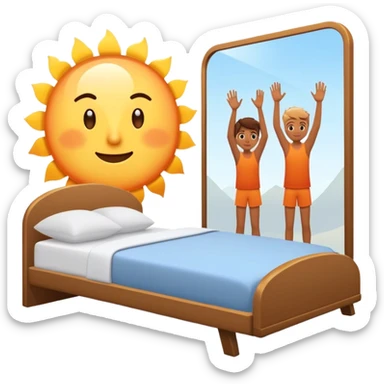 A person stands beside their bed, rolling out groggily with determination. The bed behind them is neatly made, a mirror in front of them shows them high-fiving their reflection. A glowing sunrise outside signals the start of a productive day. sticker