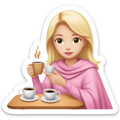 Una chica rubia envuelta en una manta con un café de color rosa pastel  sticker