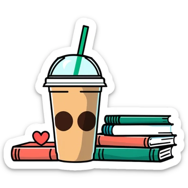 Starbucks iced coffee, pile of books,hearts sticker