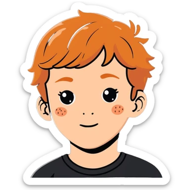 a strawberry blond boy with ginger freckles, cartoonish sticker style sticker