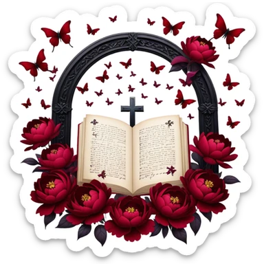 A surreal dreamscape where blackened love letters float in the air, encircled by deep red butterflies and Gothic crosses. The scene is framed by rich crimson peonies and pansies, their petals illuminated by the soft glow of dark red candles sticker