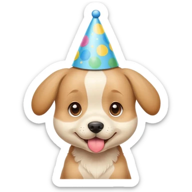Cute puppy with a silly expression wearing a tiny party hat sticker
