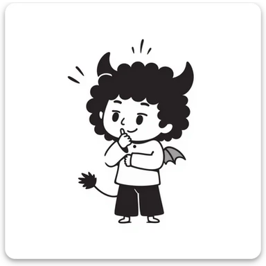 sketched chibi demon with oversized head, tiny fangs, and cute little wings in a playful pose sticker