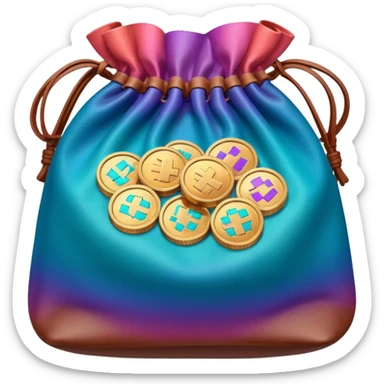 coins  inside a brown leather bag Coins color -in gradient of turquoise, blue, pink, purple, and coral sticker