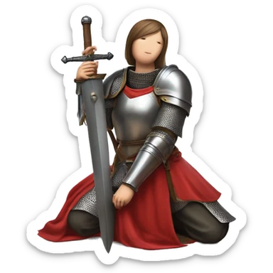 Joan of arc in medieval armor kneels, looking upward, with hands resting on a large sword. They're dressed in a red garment under the armor. sticker