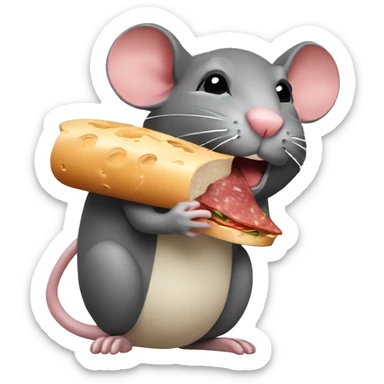 A rat eating a salami sandwich with cheese sticker