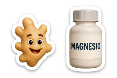 emoji stile iphone 3d di un pezzetto di zenzero e una boccetta di magnesio con la scritta "MAGNESIO" SULL'ETICHETTA CHE FLUTTUANO IN ARIA, iperrealistico 4k sticker