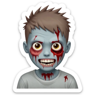 zombie boy with brown short spiky hair, white skin, and white eyes; an open smile, and bloodied teeth; sticker