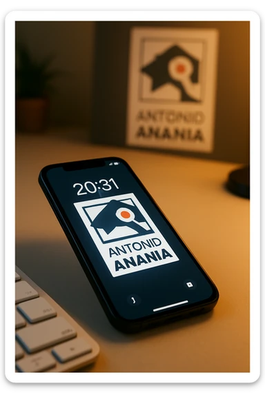 A photo of an iPhone on the desk with the message "Antonio Anania" on its screen, The phone sits atop a desk with a blurred background that suggests work environment. A faint glow from above casts gentle shadows across the surface of each object, creating depth and highlighting their textures sticker