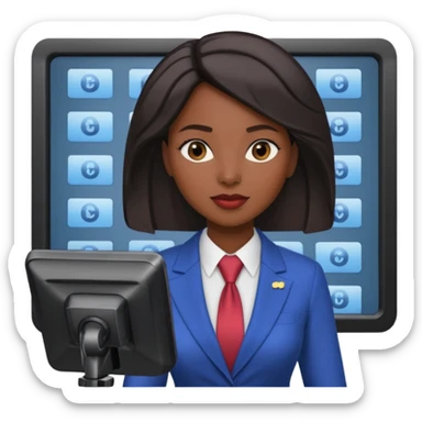 news anchor black skin woman, with a screen with a prompter in front of her sticker