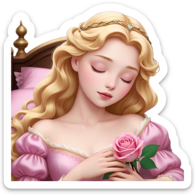 Cinematic Realistic Sleeping Beauty (Aurora) Portrait, with porcelain-like skin featuring a natural rosy flush, illuminated by soft lighting that highlights the gentle contours of her face. Her golden blonde hair flows in soft, detailed waves with subtle highlights that shimmer in the light. Her deep violet-blue eyes radiate warmth and innocence, framed by arched brows and long lashes. With a soft, serene smile, she holds a delicate rose gently in one hand, her other hand resting lightly by her side. She is dressed in her classic pink gown, the fabric rich in texture with delicate folds that catch the light. A golden crown rests atop her head, gleaming with royal refinement. The portrait captures a soft, glowing aura, blending realism with an ethereal sense of beauty and timeless enchantment. sticker