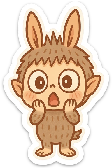 Labubu character looking surprised, wide eyes, hands on cheeks, playful cartoon style sticker