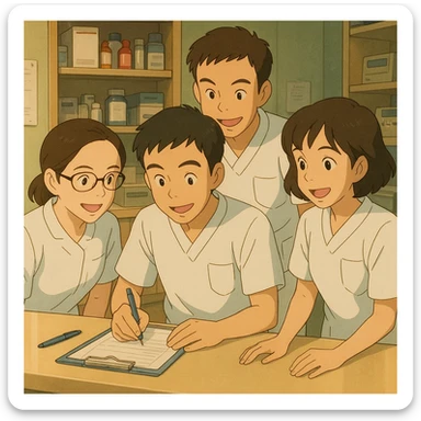 Team scene of four nursing students inspired by photo faces, working together in a care station, Ghibli style. White uniforms, medical tunics with V-neck, left chest pocket, short sleeves, no classic collar, no stethoscopes, no fabric under sleeves. Visible interaction, positive atmosphere. sticker