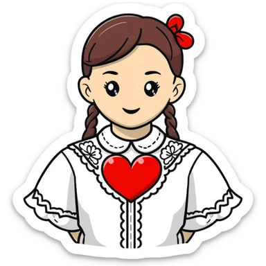 beautiful young girl wearing a white Ukrainian embroidered shirt with a big heart sticker