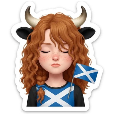 curly girl with freckles with messy light brown bangs covering the eyes with cow horns and cow ears with scottish flag on his shoulders with ribbon in her hair sticker
