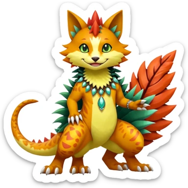 Kawaii cute reddish orangish yellowish greenish exotic tribal beautiful pretty elegant divine edgy feline-vernid-sergal-Fakémon-Pokémon-Digimon-fursona-animal-creature with accessories, jewelries, full body, with intricate detailed markings, furs, fins, scales, spiny sticker