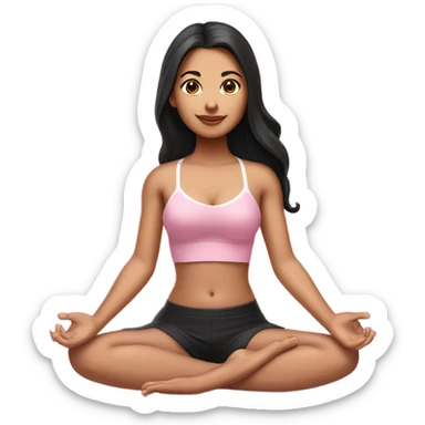 A girl with white skin tone, brown eyes and black long hair,  is sitting in a lotus position in a pink bra top and short white skirts sticker