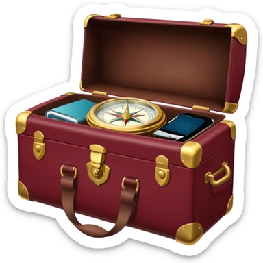 burgundy travel item and  a gold compass in the lower right corner of the emoji in front of travel item sticker