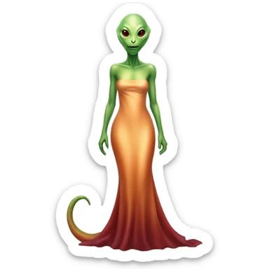 reptilian green alien woman, in long slim pastel orange formal party satin dress with gradient shiny sparkling dark red, full figure, full body sticker