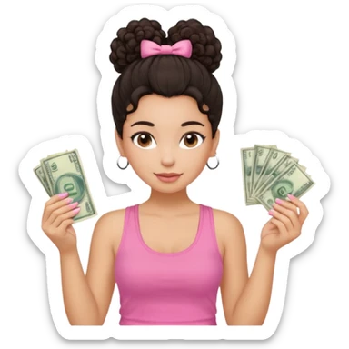 Uma menina com o cabelo cacheado com um Coque morena, e com uma regata rosa com unha em gel, é com Baby hair ,e com dinheiro na mão , sticker