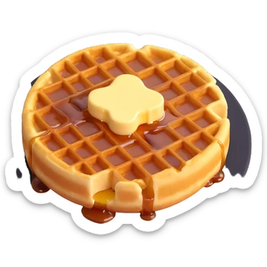 cute cartoon-style golden waffle with grid pattern, topped with small square of melting butter and evenly drizzled maple syrup, soft lighting, minimal shadows sticker