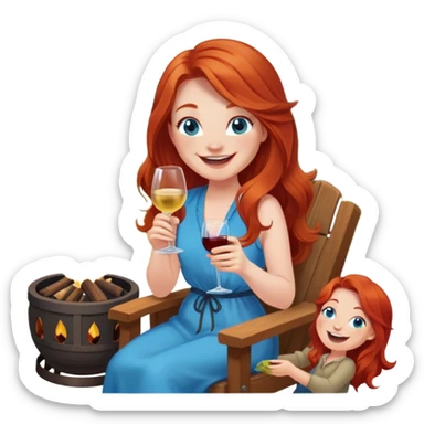 Laughing redhead with long hair and blue eyes holding wine bottle sitting in chair beside fire pit  sticker