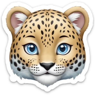 Cinematic-Noble-Snow-baby Leopard-Portrait-Emoji – Poised and majestic, with a muscular, agile build and a beautifully patterned coat of soft white and grey fur, marked with striking, deep-set, intelligent icy blue eyes, simplified yet sharp and sophisticated zoomed out showing the shoulders sticker