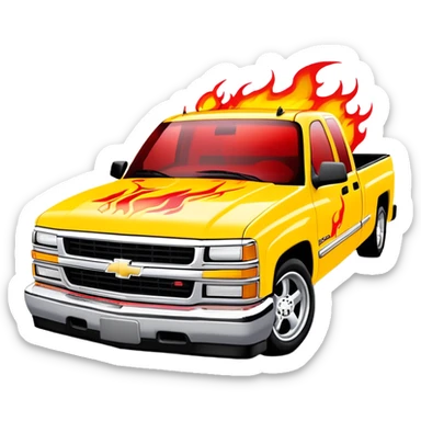 1997 yellow Chevrolet Silverado with detailed custom airbrushed red flame artwork spreading across hood and front, movie-accurate Kill Bill design, 30-degree angle, iOS emoji style sticker