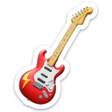 A 3D Apple-style emoji of a bold “ROCK” text written in shiny metallic letters, with an electric guitar leaning on the text, surrounded by small music notes and lightning bolts, energetic and powerful rock music vibe sticker