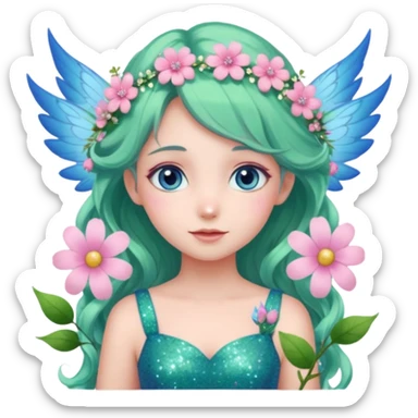 Una ragazza datata, occhi azzurri rosati dolci e aperti, vestito verde come la natura co  altri elementi e fiori rosa, deve avere le ali azzurrine,decorati con fiori e con glitter. O capelli di colore rosa chiaro con in acconciature tipica delle fate, capelli mossi e lunghi sticker