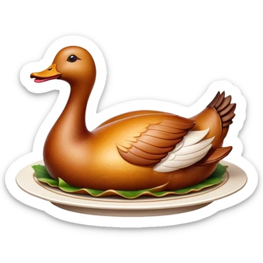 Cinematic Realistic Peking Duck Dish Emoji, depicted with crispy, roasted duck with glistening skin and succulent meat, rendered with rich textures and dramatic, appetizing lighting. sticker