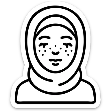 white girl with a white hijab, freckles, long eyelashes, thin lips, thin dark brown eyebrows, minimalistic icon style sticker